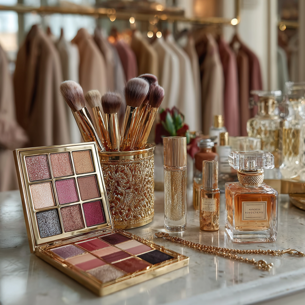 Sminkecsetek és kozmetikumok elegáns butik környezetben